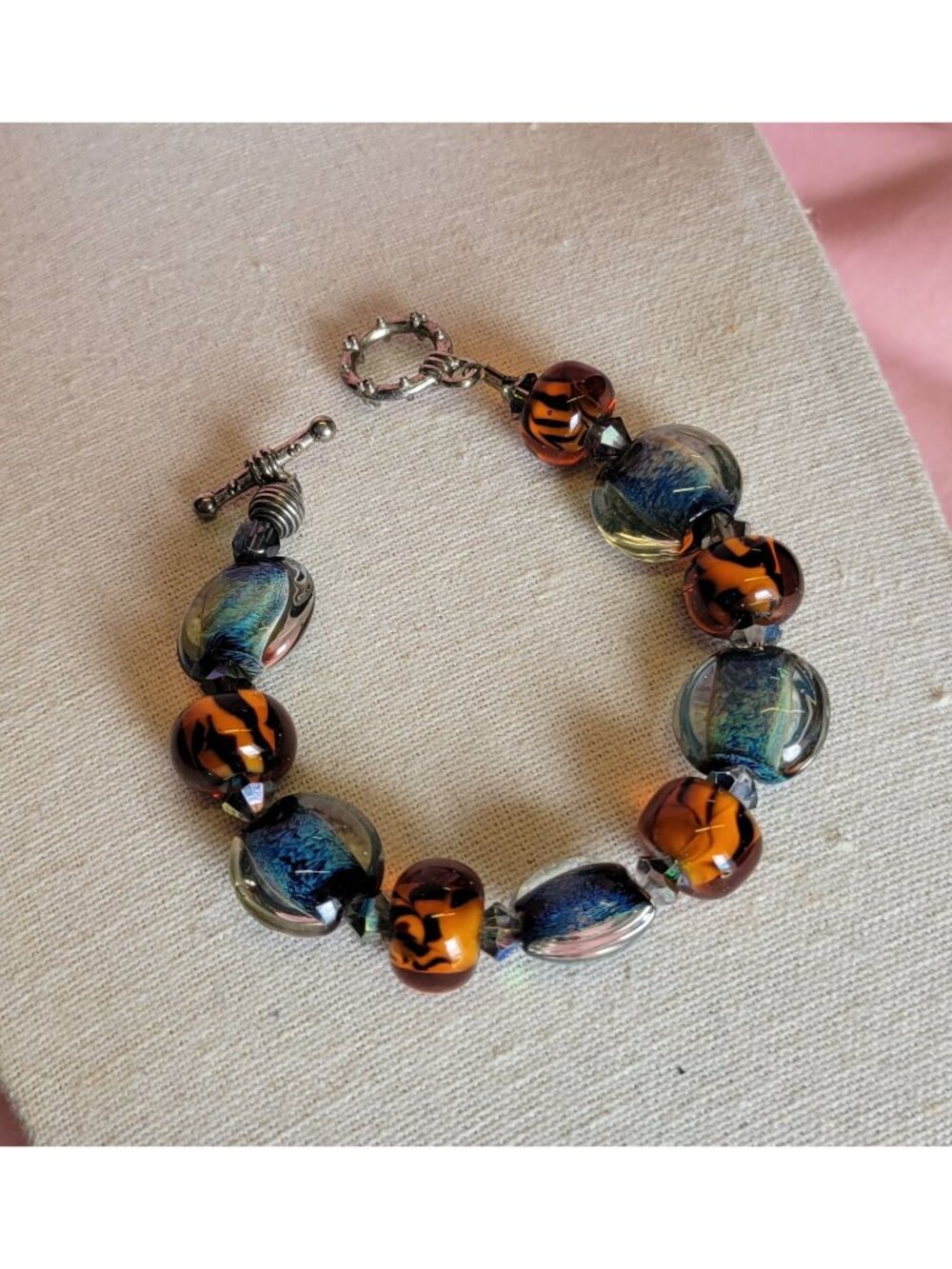 Silver tone Handmade Blue Orange Glass Beaded Swirl Bracelet B1A